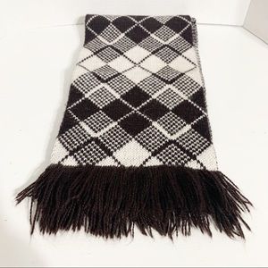Vintage Unbranded Acrylic Argyle Fringed Winter Scarf Brown and White 🟤⚪️